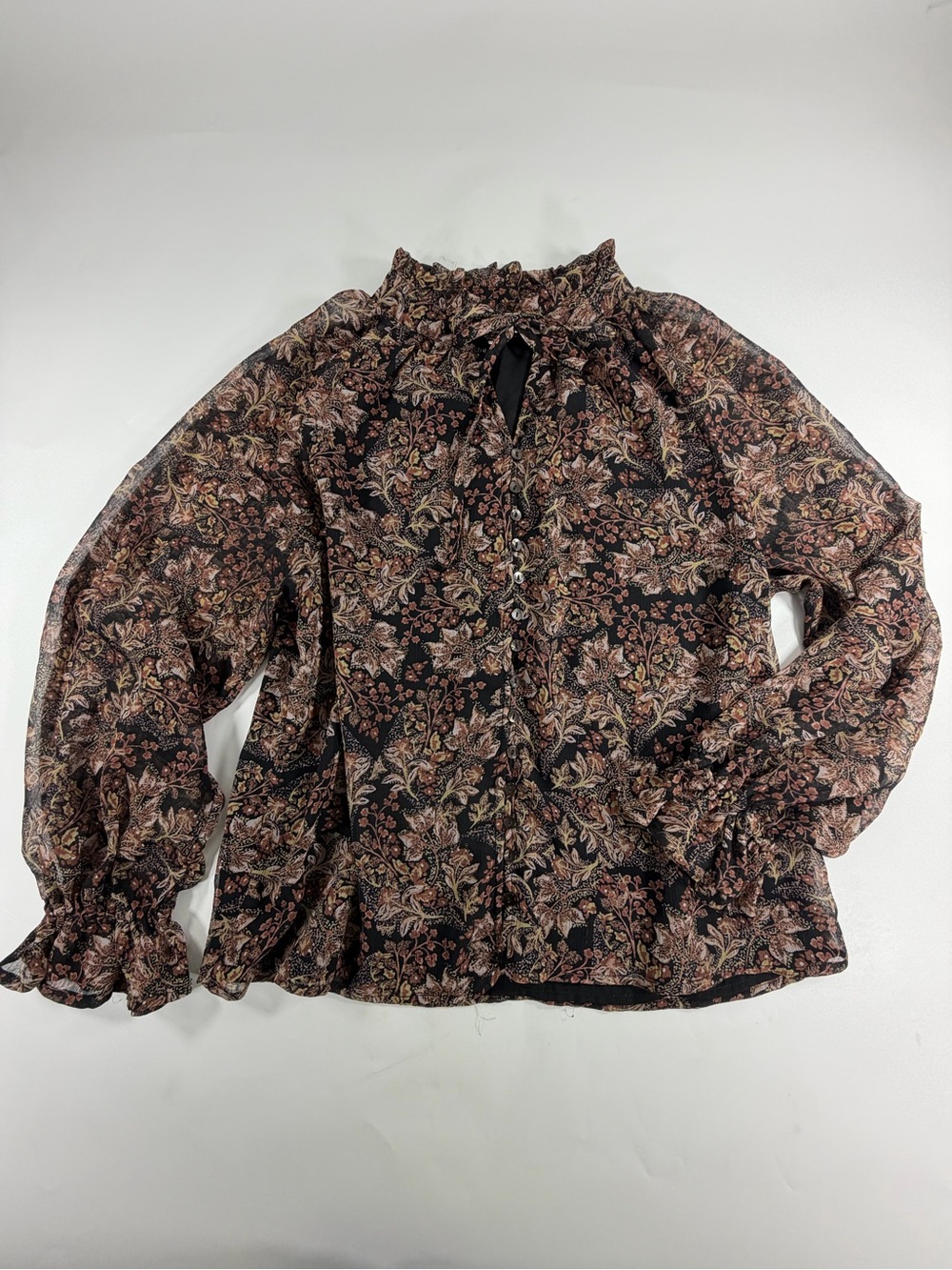 Böhme Romantic Cottagecore Floral Ruffle Blouse Sheer Peasant Top S